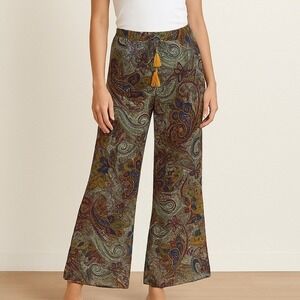 Atina Cristina Paisley Wide Leg Palazzo Pants MEDIUM Tassel Boho Hippie Casual